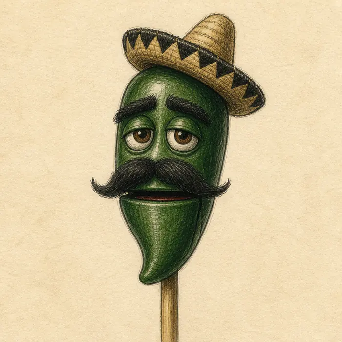 Jose Jalapeño, a hand-drawn jalapeño on a stick with a sombrero and moustache