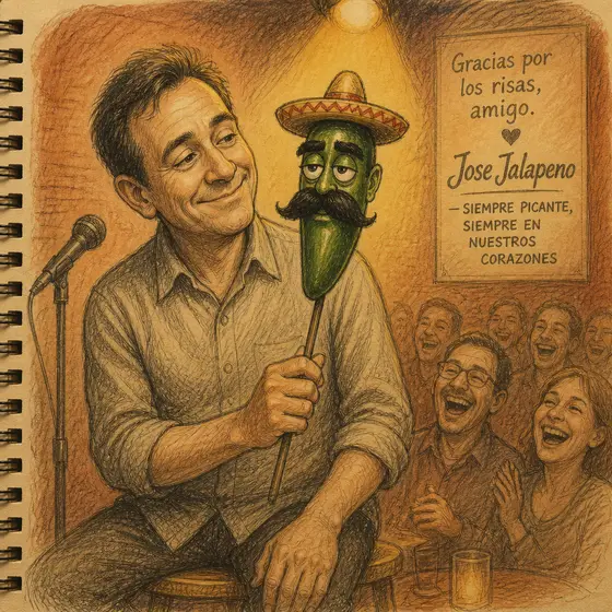 A ventriloquist on stage holding Jose Jalapeño while the audience laughs