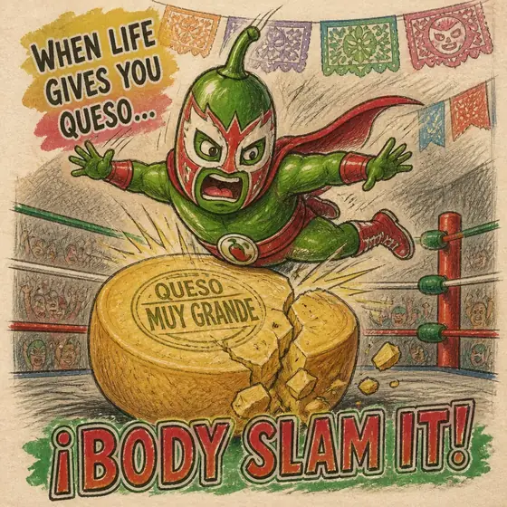 Jose as a lucha libre wrestler with a cheese mask