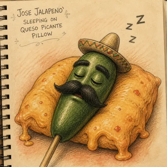 Jose sleeping peacefully on a pillow made of queso picante cheese